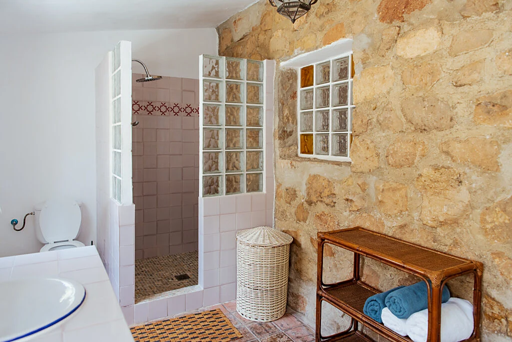 Bathroom with walk-in shower beside a natural stone wall
