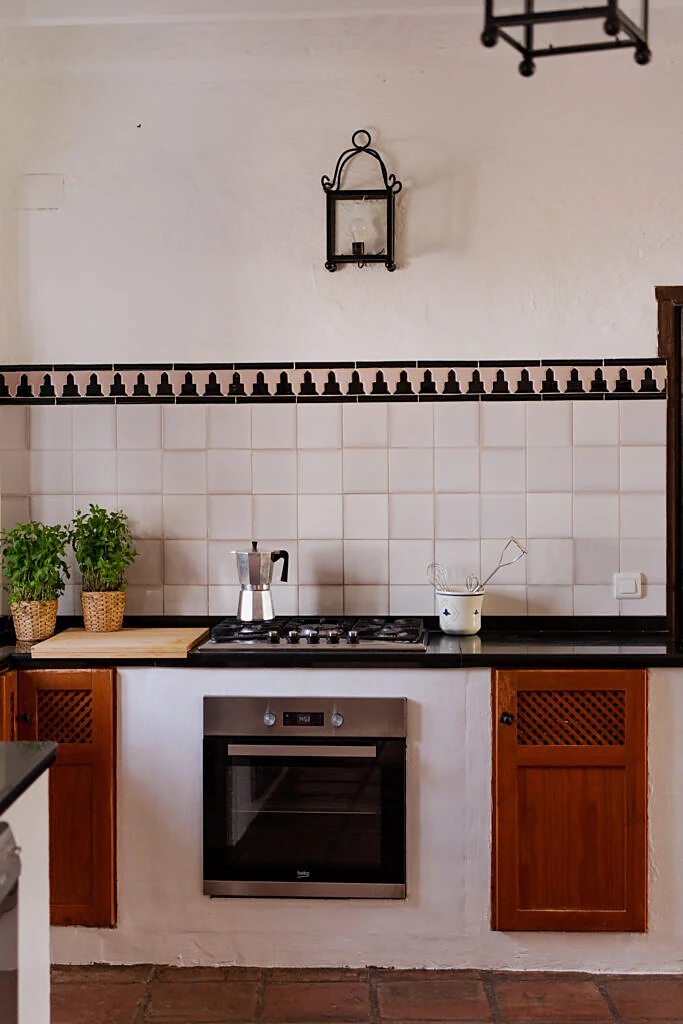 Traditional tiled kitchen with stove, oven and fresh herbs