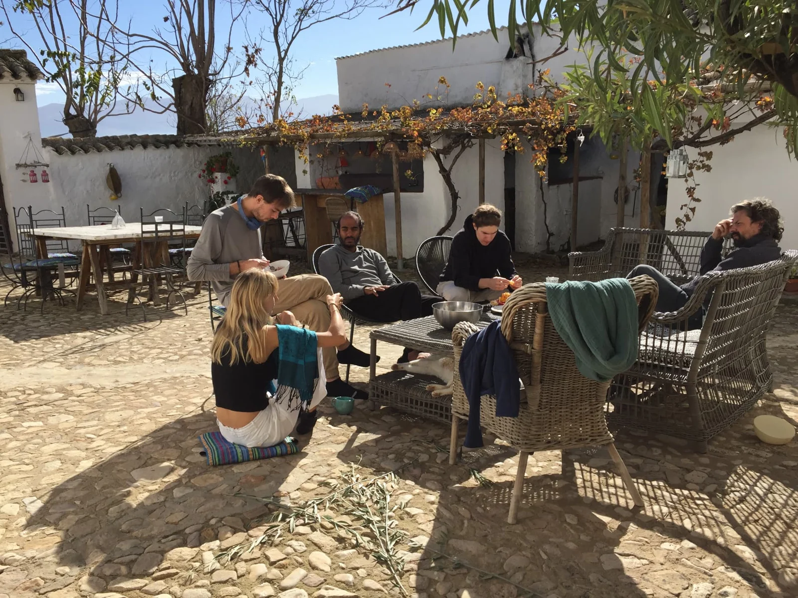 A group sharing food and conversation in the courtyard