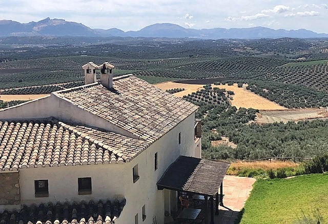 View over the tiled roof of the house across olive groves to the mountains